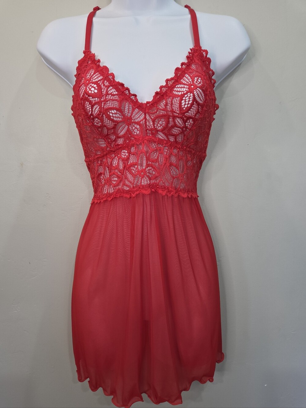 Gassandra Intimates Red Lace Mesh Short Sheer Chemise Babydoll Sz Medium